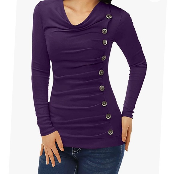 Patty Boutik purple long sleeve top with cowl neck with silver button size Med - Picture 10 of 10